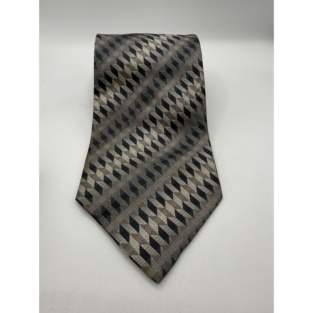 Siena‎ collezione Men Silk Necktie Black Silver Taupe Geometric Diamond Pattern